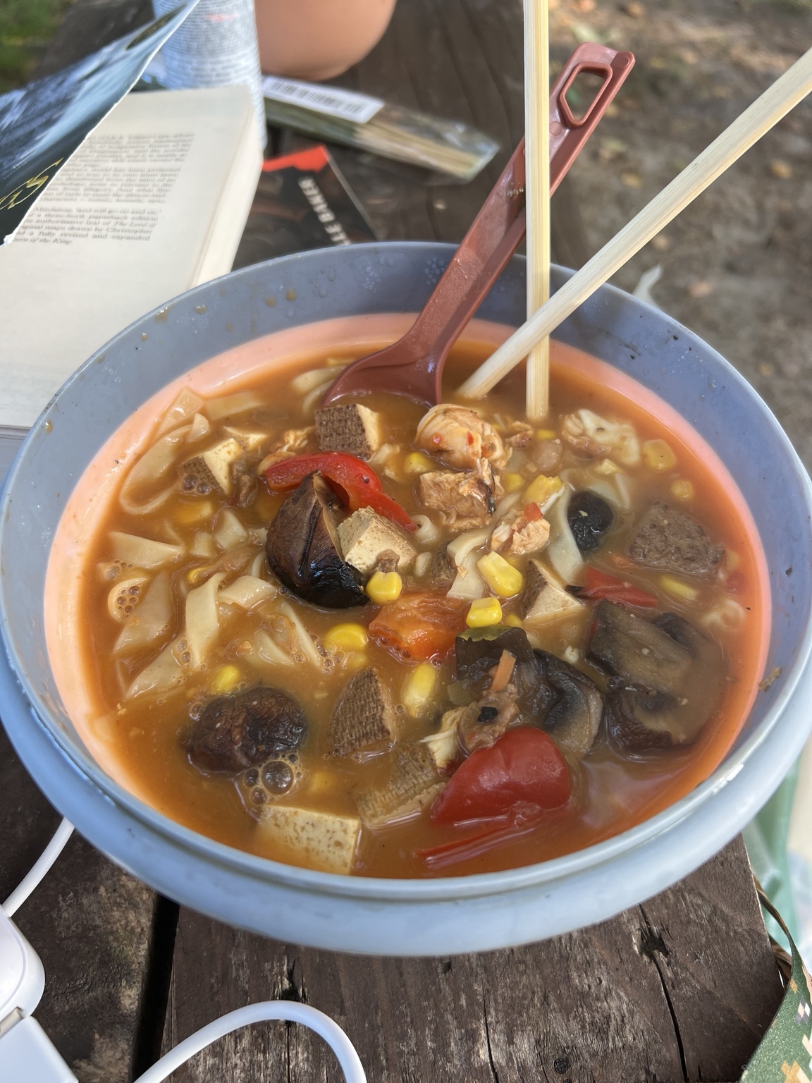 A large bowl of Tangled protein ramen with tofu, mushrooms, vegetables and barbecue leftovers