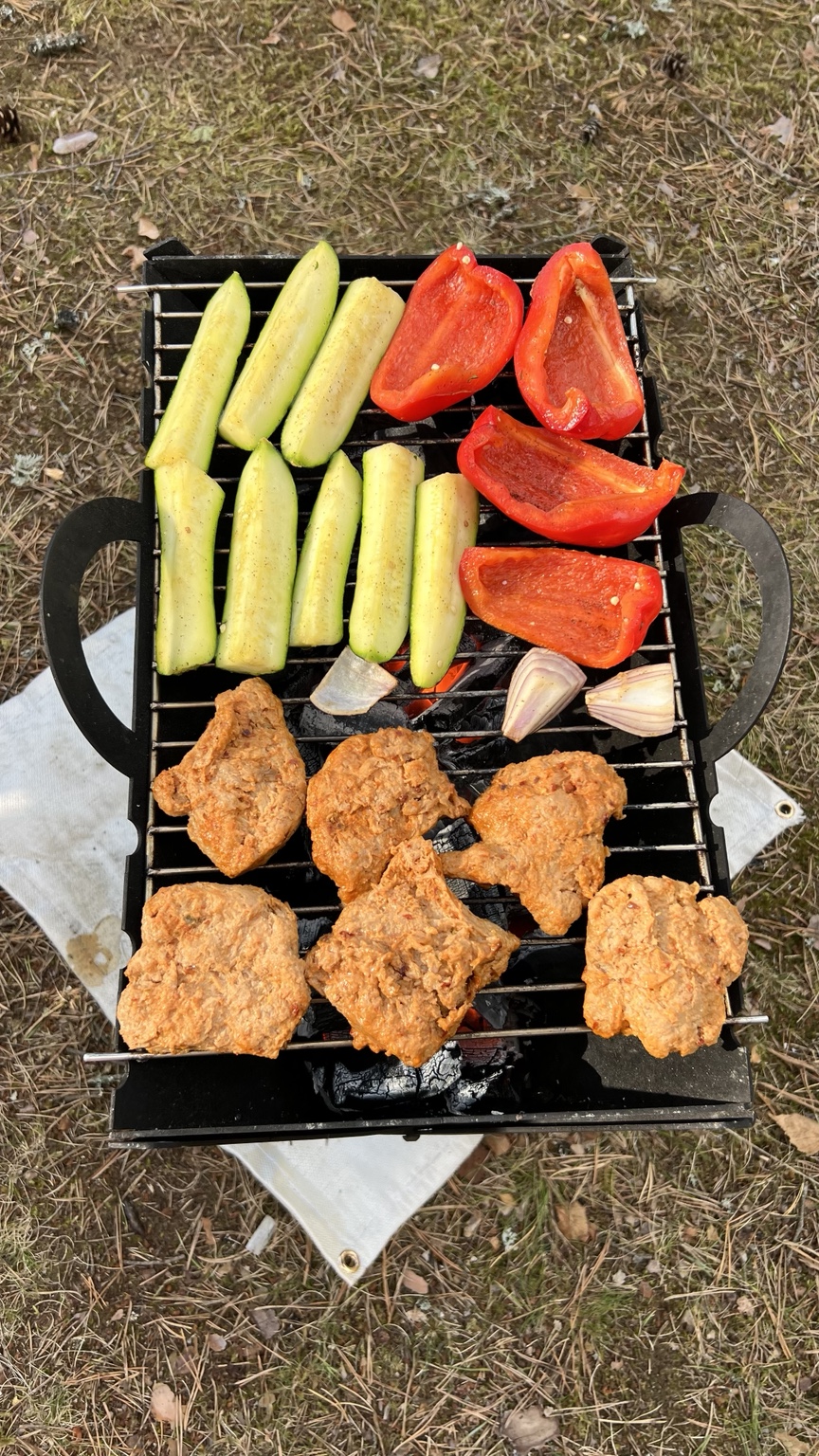 Marinated soyshlik, courgette, peppers and onion cooking over the campsite barbecue